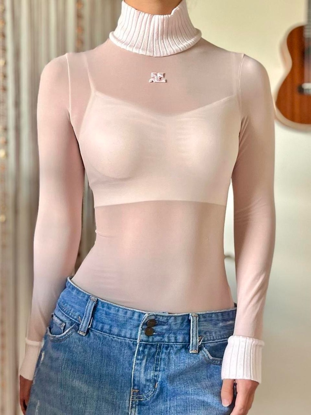 courréges paris second-skin mock neck mesh top